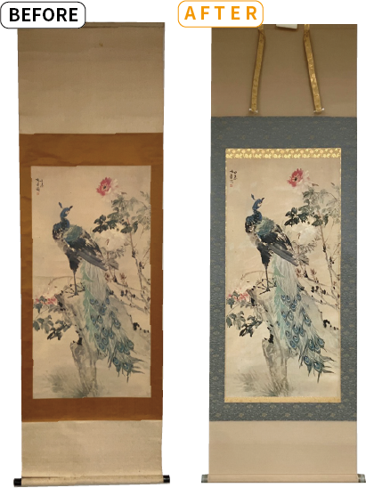 牡丹孔雀図掛軸修復事例