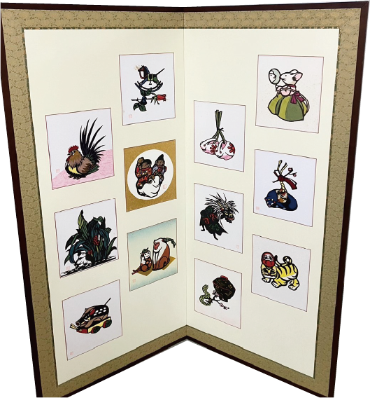 干支色紙の屏風仕立て